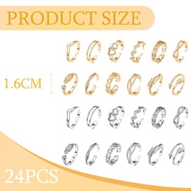 24Pcs Toe Rings for Women, Fashion Adjustable Open Finger Joint Thumb Toe Rings Women,Heart Flower Arrow Stackable Gold Rings for Womens for Jewelry Gifts for Girls,Various Parties,Everyday Wear