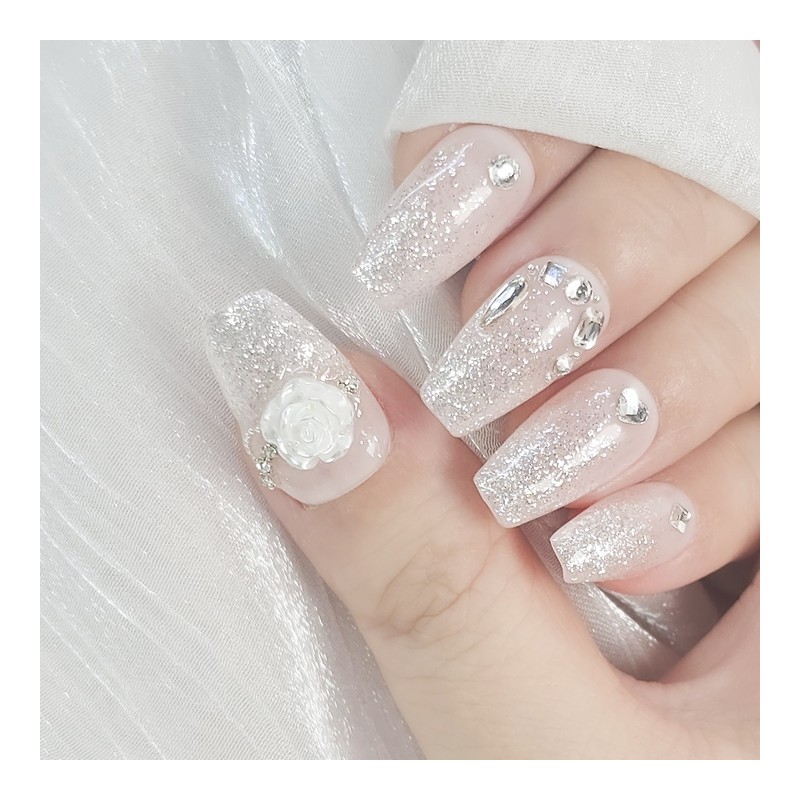 White Glitter Handmade Nail Tips - Clear / 하얀 반짝임