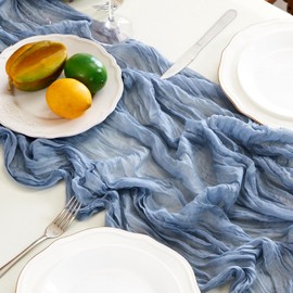 Fantastshop Dusty Blue Table Runner Cheesecloth 1 Pack 10FT Boho Gauze Table Runner 35x120 Inch Rustic Cheese Cloth for Wedding Valentines Party Romantic Table Decoration.