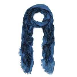 Premium Viscose Vintage Paisley Print Frayed End Scarf, Blue