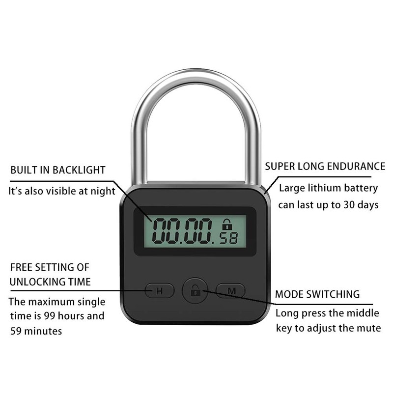 Metal Timer Lock, LCD Display Multi-Function Electronic Time, 99 Hours
