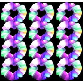 12PCS LED Hair Scrunchies Light Up White Scrunchies,Satin Ponytail Holder Glow in the Dark Hair Accessories Neon Rave Party Supplies