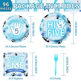 96Pcs Hi Five Birthday Party Decorations for Boys Blue High Five Birthday Plates And Napkins Tableware Set Officially a Handful 5th Birthday Decorations for Boys 5 Year Old Birthday Supplies Serve 24