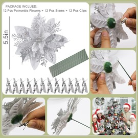 Lukinuo Silver Poinsettia Artificial Flowers 12pcs 5.5in Christmas Flowers with Clips and Stems Glitter Christmas Tree Decorations for Xmas Wreath Christmas New Year Holiday Seasonal Ornaments