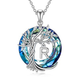 TOUPOP Baum des Lebens Kette Sterling silber Baum des Lebens R Anfangsbuchstaben Anhänger Halskette mit Blauer Kristall Schmuck Geschenke für Mütter Geburtstagsgeschenke für Frauen Damen Mädchen