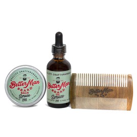 Better Man Beard Spruce Kit - 3-Piece Beard Grooming Kit with Moisturizing Balm, Conditioning Oil & Sandalwood Comb - KIT-SPR