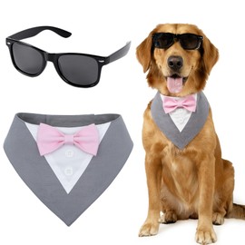 Wodison Dog Tuxedo and Sunglasses Formal Wedding Costume Set, Dog Bandana Collar with Bow Tie Sunglass Birthday Party Valentines Outfit Cosplay Attire for Medium Large Dogs Grey