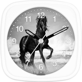 Eurotime Kinder Wecker für Mädchen mit Pferde-Motiv, Kunststoffgehäuse und Kunststoffglas, geräuscharmer Wecker, kein Ticken, mit Licht und Weckwiederholung, 27008-00