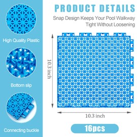 16 Pcs Modular Interlocking Cushion, 10.3" * 10.3" DIY Pool Drainage Mat Pool Floor Protectors Mats, Non-Slip Pools Spas Floor Mat for Summer Outdoors Pool Shower, Rooms Shower