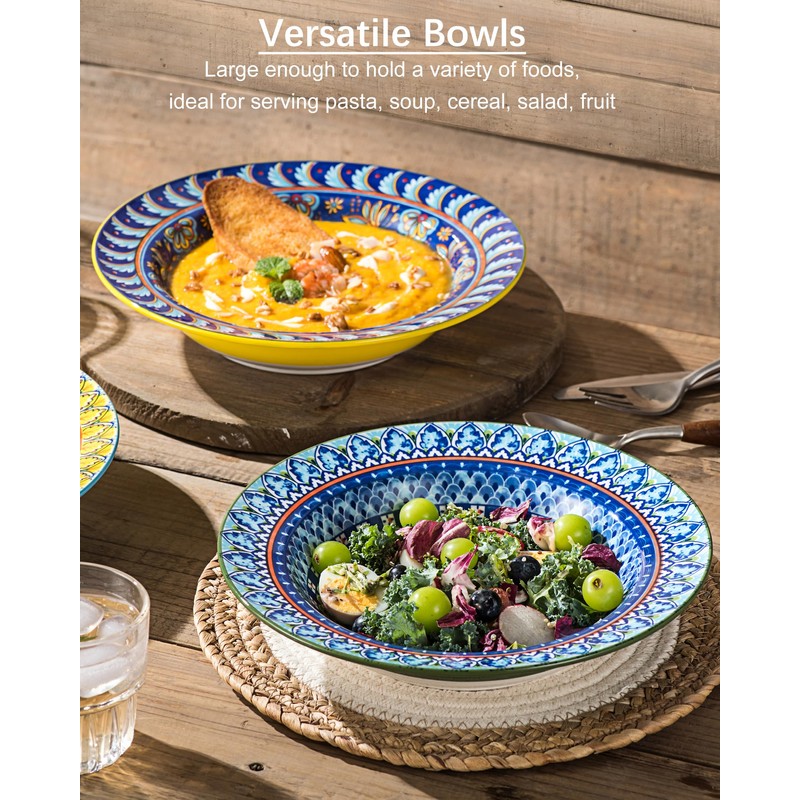 Soup and Pasta Bowls/Plates Set of 4-18 Oz Wide Rim,