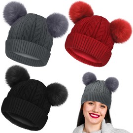 Ficerd 3 Pcs Winter Satin Lined Warm Hats Pom Pom Ears Beanies Hat Satin Knit Beanie for Curly Long Hair Women Girl, 3 Colors(Black, Gray, Red)
