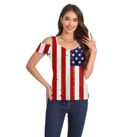GUNEST Summer American Flag Printed Tops Womens Tunic Top Short Sleeve Cold Shoulder V Neck Loose Fit Basic Tee Casual Independence Day Fourth of July Tops