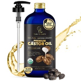 Organic Castor Oil, Cold Pressed, Glass Bottle, USDA Certified Premium Organic, Unrefined, Hexane Free, for Hair Growth, Radiant Skin, Eyebrows, Lashes and Fuller Hair, 16.9 oz w/ Pump (Made in USA)