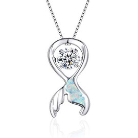 VANLAMS Sterling Silver Dancing Heart Opal Fishtail Cubic Zirconia Pendant Necklace for Women Girls Gifts (White)