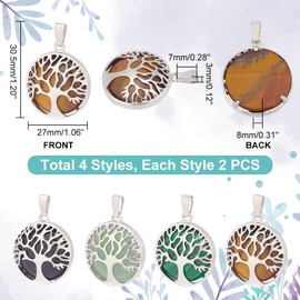 PH PandaHall 8 Pieces 4 Styles Tree of Life Pendant Chakra Crystal Stone Charms Natural Synthetic Gemstone Pendant Flat Round Quartz Charms for Jewellery Bracelets Chakra Necklace Making, Crystal