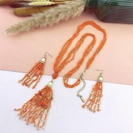 BERYOHZ Boho Strand Seed Bead Necklace Earrings Stone Tassel Jewelry Set for Women(BN-0076-Orange)