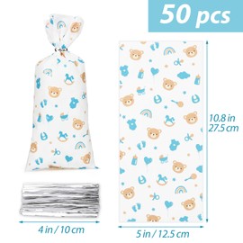 50 pcs Bear Baby Shower Cellophane Bags Blue Teddy Bear Treat Candy Sweet Bags with Twist Ties for Kids Boys Girls Baby Shower Gender Reveal Baptism Newborn Christening Party Favor Supplies