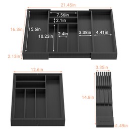 TIOPGHAD Bamboo-Silverware-Drawer-Organizer-Kitchen, Expandable Utensil Holder Cutlery Tray Flatware Organization Adjustable Wood Tableware Dividers Storage (with Removable Knife Block)(Brown)