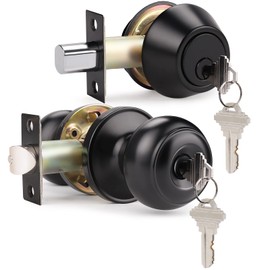 Probrico Door Locksets for Exterior Door with Knob and Single Cylinder Deadbolt, Combination Set with Same Key, Black Finished, 4 Pack