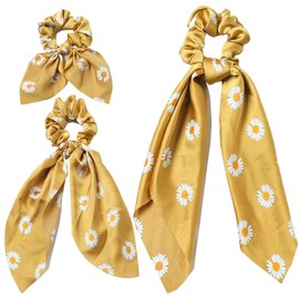 Flomiara Haarschleifen, Haargummis für Damen, Pferdeschwanz-Halter, Zubehör, Blumen, Haarspangen, Friseur, geknotete Schleife, Stoff, langes Haarband für Frauen und Mädchen, Gelb, 3 Stück