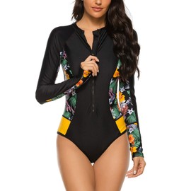 YATEEN Womens Athletic Training Swimsuit Long Sleeve Rashguard #2 Black/Green