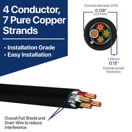 Custom Cable Connection 22 AWG 4 Conductor Stranded Shielded Plenum Cable Black CL3P Jacket for Security/Alarm/Access Control/Sound - 75 Ft Roll in a Bag
