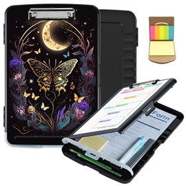 Clipboard with Storage,Clip Boards 8.5X11 with Storage & Pen Holder,Heavy Duty Plastic Nursing Clipboards Foldable,Coaches Clipboard Folder Case,School Office Supplies，Butterfly Flowers & Gold Moon