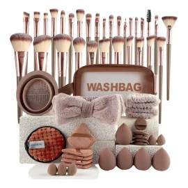 56pcs Brochas Maquillaje Profesional Esponjas Neceseres Rosa, Aplicación De Maquillaje, Limpieza De Brochas, Maquillaje Facial