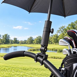 Universal Golf Cart Umbrella Holder – 360° Adjustable Clamp Mount for Golf Trolleys, Strollers & Wheelchairs