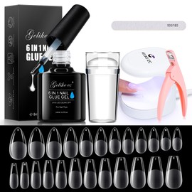 Gelike EC Gel X Nail Kit with 6 in 1 Gel Nail Glue, Almond and Coffin Soft Nail Tips 240pcs, French Tip Nail Stamp, UV Nail Lamp DIY Nail Art Tools…