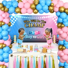 Boxing Theme Party Decorations Gender Reveal - Baby Gender Reveal Balloons Garland with Champion Foil Balloons, Boxing Gender Reveal Backdrop Pink and Blue Balloons for Gender Reveal Party Decorations