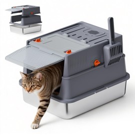 Bsadne Stainless Steel Cat Litter Box with Lid – Small Covered Enclosed Litterbox with High Sides for Newborn & Young Kittens, Easy Clean Flip Top, Ideal for Small Cats, 17.7x13.4x11.8 Inches