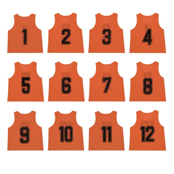 TOEPODO Children's Bibs, 12 Pieces, No. 1 to 12, Front and Back Numbers, Storage Bag Included, 10 Colors, Sweat Absorbent, Lightweight, Breathable, Unisex, Soccer, Basketball, Futsal School, Events, Municipal, Sports Events, orange