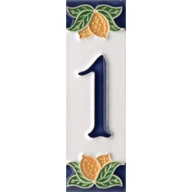 House Numbers, Italian Ceramic Numbers & Letters Tiles, Lemon Design, Tile Size: 10cm x 3.5cm (Number 1)