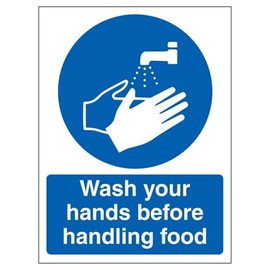 V Safety Wash Your Hands Before Handling Food - Portrait 150 x 200mm - 2mm Rigid Plastic Safety Sign