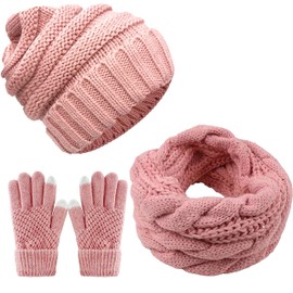 CheChury Winter Scarf Knitted Hat Combination Set Knitted Beanie Gloves Women's Scarf Hat Gloves Set Knitted Gift Set Touchscreen Gloves, #1 Pink