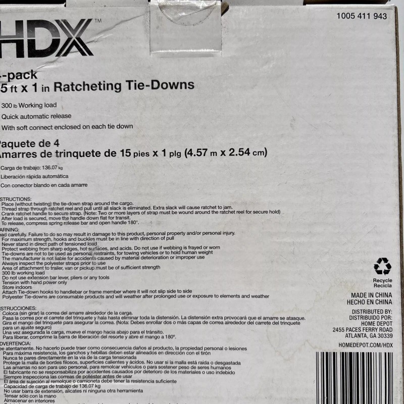 HDX 4-pack, 15 ft x 1in Ratcheting Tie-Downs, Brand New