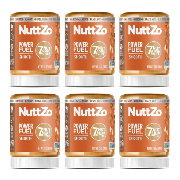 Natural Power Fuel Smooth Nut Butter by NuttZo | 7 Nuts & Seeds Blend, Paleo, Non-GMO, Gluten-Free, Vegan, Kosher | Peanut-Free, 1g Sugar, 6g Protein | 12oz Jar (Pack of 6)