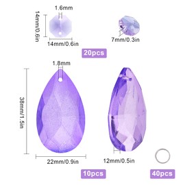 GORGECRAFT Crystal Chandelier Pendants Parts Beads 10Pcs Teardrop Glass Pendants 20Pcs Octagon Beads for Door Curtain Candlestick Party Wedding Chirstmas Decoration Purple