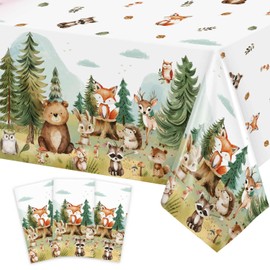 Caisehabu 3Pcs Woodland Baby Shower Decorations Tablecloth, Baby Boy Large Size 54 x 108 Inch Rectangular Plastic Table Cloth Forest Animals Mountain Wilderness Theme Decor