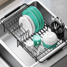 Urackify Dish Drying Rack in Sink - Expandable (14.5''-18''L) Over The Sink Dish Rack with Utensil Holder, Space-Saving Dish Drainer for Kitchen Counter, 1 Piece, Matte Black