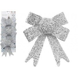 Sparkling Silver Tinsel Decorative Bow - 10 cm x 13 cm x 3cm (Pack of 3)- Premium Quality - Perfect for Holidays