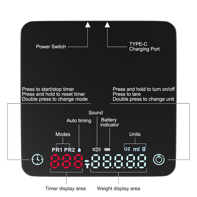 HUAJUN Mini-Kaffeewaage mit Timer und USB-Ladegerät, 2 kg/0,1 g, Espressowaage,