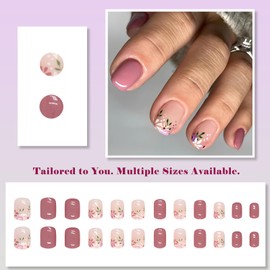 24pcs Short Square Vintage Floral Press-On Nails, Glossy Nude French Tips, Reusable Full-Cover Acrylic False Nails with Glue, Multi-Size Stick-On for Women Girls Daily Wear