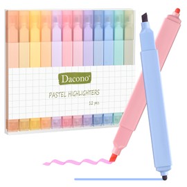 Dacono Dual Tips Highlighters, 12 Pcs Aesthetic Highlighters Assorted Colors Pastel Set, No Bleed Square Highlighters Marker Pens for Journal Planner Notes School Office Supplies