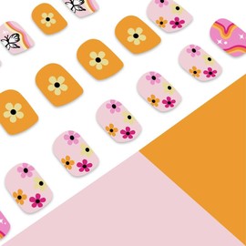 Press On Nails Short Square Spring Fake Nails Orange Pink Butterfly Floral Design False Nail French Tips Glossy Full Cover Acrylic Artificial Glue On Nails Reusable Stick On Nails For Women 24PCS