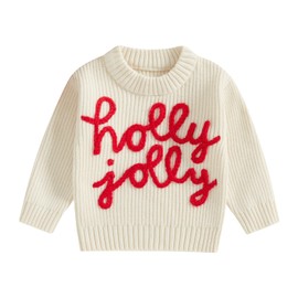 Baby Christmas Sweater Boy Girl Chunky Knit Long Sleeve Crewneck Embroidery Sweatshirt Toddler Pullover Tops (Holly Jolly-White, 0-6 Months)
