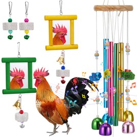VioraWhite 7 Pcs Chicken Toys, Hanging Chicken Wind Chime, 2 Pcs Coop Mirror Toys with Bells 4 Pack Beak Grinding Stones, Musical Coop Accessories for Hens Roosters Chicks Poultry Birds(Yellow，Green)