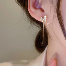 TseenYi Cz Butterfly Stud Earrings Gold Butterfly Chain Threader Earrings Sparkling Rhinestone String Threader Earrings Long Pull Threader Earrings Jewelry for Women and Girls Gifts