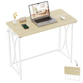 coeztt Folding Table, 31.5" Small Desk for Bedroom with Power Outlet, Space Saving Foldable Computer Desk for Home Office, Easy Assembly, Beige
